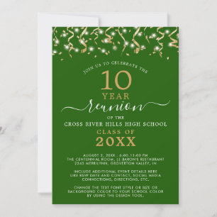 Class Reunion Green Gold Confetti Streamers Invitation