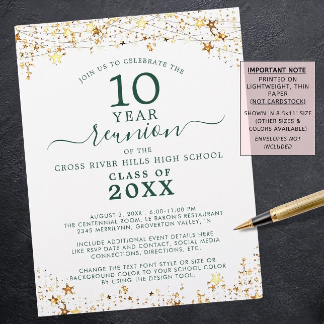 Class Reunion Green Gold Stars Invitation Flyer (Creator Uploaded)