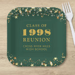 Class Reunion Green Gold Stars Year School Name Paper Plate<br><div class="desc">Personalised dark green high school or college class reunion paper plates for any graduating class (the year is editable) with your class year and school name. The design features gold stars and string lights against an editable green background colour you can change to your school colour. CHANGES: The background and...</div>