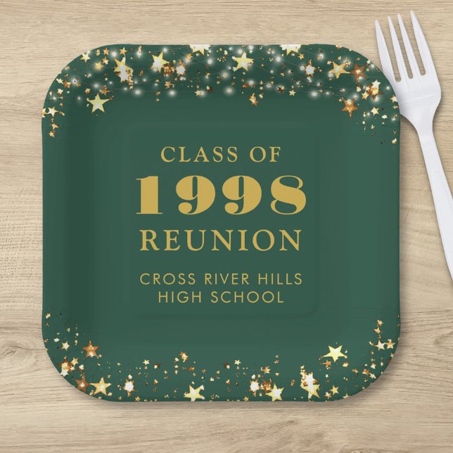 Class Reunion Green Gold Stars Year School Name Paper Plate (Creator Uploaded)
