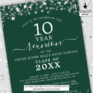 Class Reunion Green Silver Stars Lights Any Year Invitation