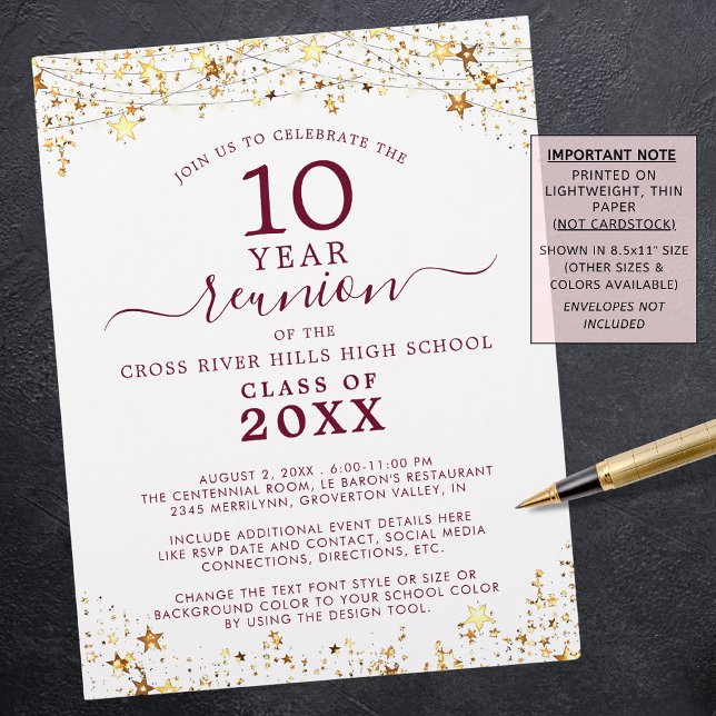Class Reunion Maroon Gold Stars Lights Invitation Flyer (Creator Uploaded)