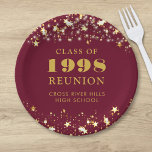 Class Reunion Maroon Gold Stars Personalised Paper Plate<br><div class="desc">Celebrate with classmates at your school or college class reunion with these personalised and custom colour paper plates for any graduating class (the year is editable) with your class year and school name. The design features gold stars and string lights against an editable maroon burgundy background colour and text colours...</div>