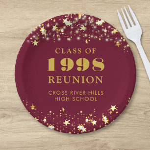 Class Reunion Maroon Gold Stars Personalised Paper Plate