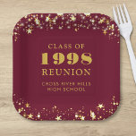 Class Reunion Maroon Gold Stars Personalised Paper Plate<br><div class="desc">Personalised burgundy maroon high school or college class reunion paper plates for any graduating class (the year is editable) with your class year and school name. The design features gold stars and string lights against an editable maroon background colour you can change to your school colour. CHANGES: The background and...</div>