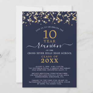 Class Reunion Navy Blue Gold Confetti Streamers Invitation