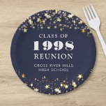 Class Reunion Navy Blue Gold Stars Personalised Paper Plate<br><div class="desc">Celebrate with classmates at your school or college class reunion with these personalised and custom colour paper plates for any graduating class (the year is editable) with your class year and school name. The design features gold stars and string lights against an editable navy blue background colour and text colours...</div>