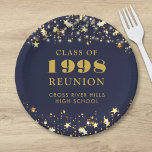 Class Reunion Navy Blue Gold Stars Personalised Paper Plate<br><div class="desc">Celebrate with classmates at your school or college class reunion with these personalised and custom colour paper plates for any graduating class (the year is editable) with your class year and school name. The design features gold stars and string lights against an editable navy blue background colour and text colours...</div>