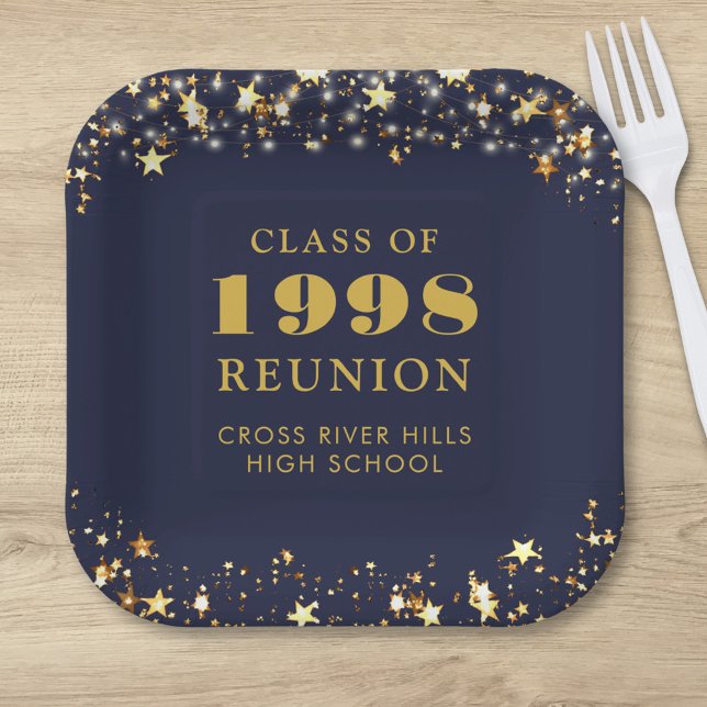 Class Reunion Navy Blue Gold Stars Personalised Paper Plate (Creator Uploaded)