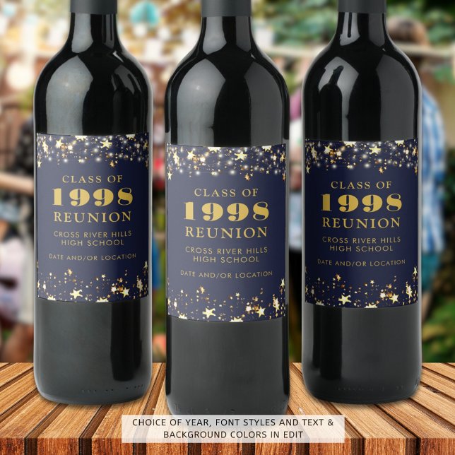 Class Reunion Navy Blue Gold Stars Personalised Wine Label (Creator Uploaded)