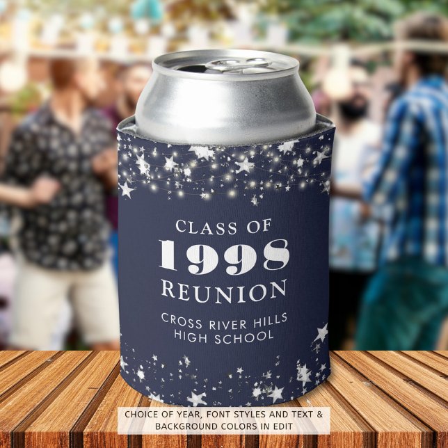 Class Reunion Navy Blue Silver Stars Personalised Can Cooler (Creator Uploaded)
