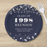 Class Reunion Navy Blue Silver Stars Personalised Paper Plate<br><div class="desc">Celebrate with classmates at your school or college class reunion with these personalised and custom colour paper plates for any graduating class (the year is editable) with your class year and school name. The design features silver stars and string lights against an editable navy blue background colour and text colours...</div>