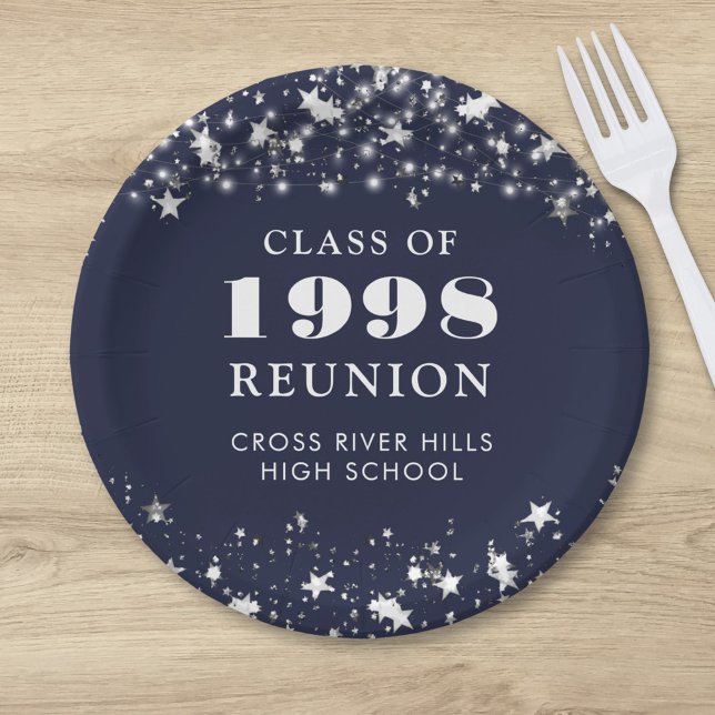 Class Reunion Navy Blue Silver Stars Personalised Paper Plate (Creator Uploaded)