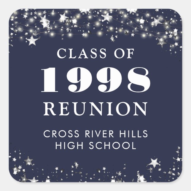 Class Reunion Navy Blue Silver Stars Personalised Square Sticker (Front)