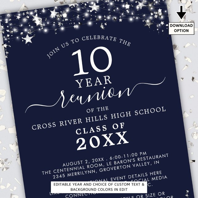 Class Reunion Navy Silver Stars Lights Any Year Invitation (Creator Uploaded)
