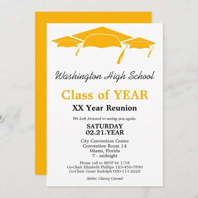 Class Reunion Orange Graduation Caps Invitation (Front/Back)