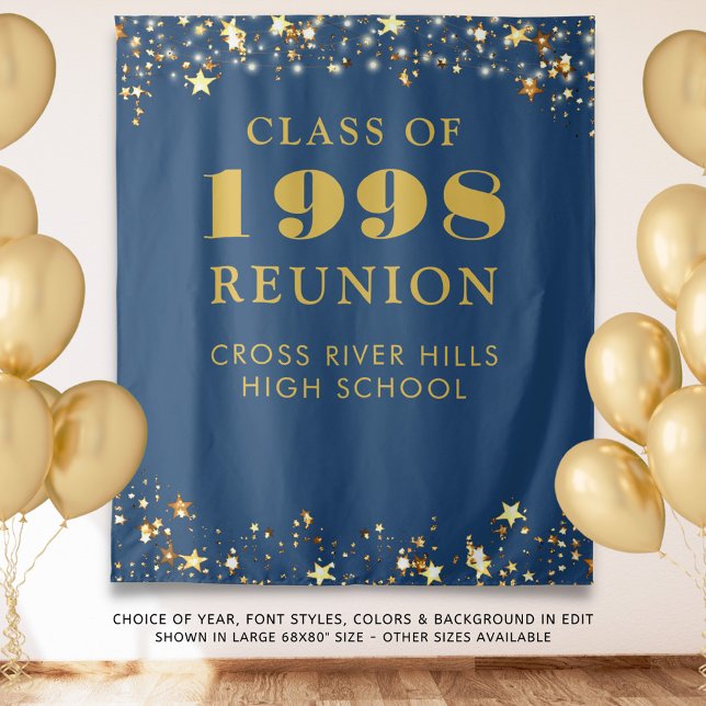 Class Reunion Photo Booth Blue Gold Backdrop Tapestry (Creator Uploaded)