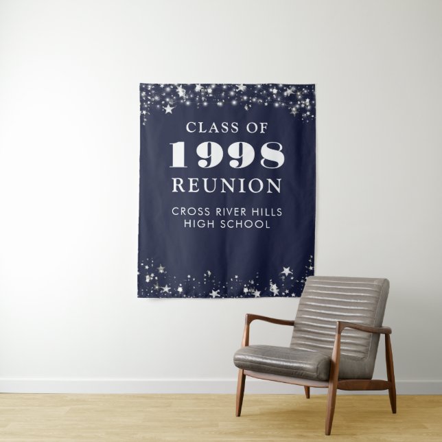 Class Reunion Photo Booth Navy Blue Backdrop Tapestry (In Situ)