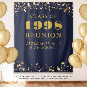 Class Reunion Photo Booth Navy Blue Gold Backdrop Tapestry