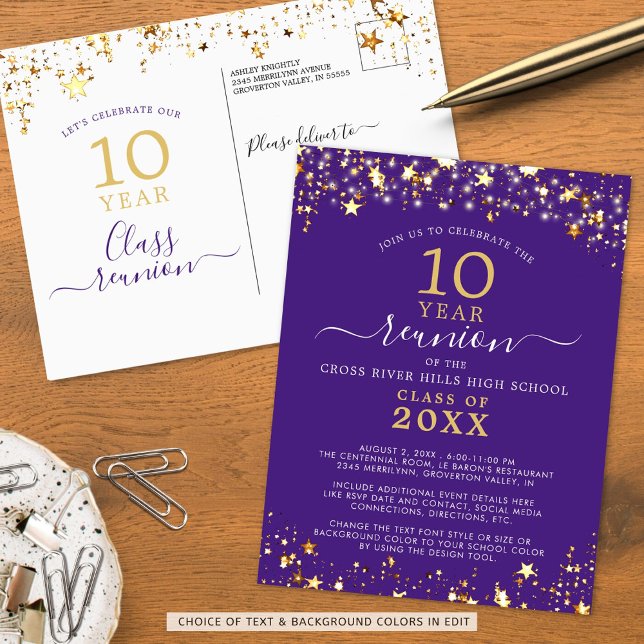 Class Reunion Purple Gold Stars Lights Any Year Postcard (Creator Uploaded)