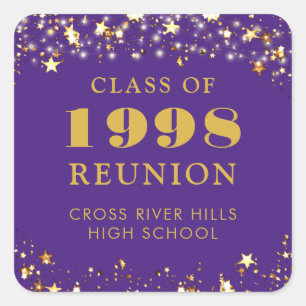 Class Reunion Purple Gold Stars Personalised Square Sticker