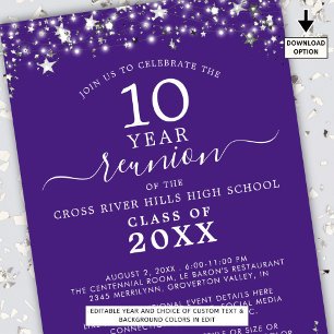 Class Reunion Purple Silver Stars Lights Any Year Invitation