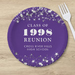 Class Reunion Purple Silver Stars Personalised Paper Plate<br><div class="desc">Celebrate with classmates at your school or college class reunion with these personalised and custom colour paper plates for any graduating class (the year is editable) with your class year and school name. The design features silver stars and string lights against an editable purple background colour and text colours you...</div>