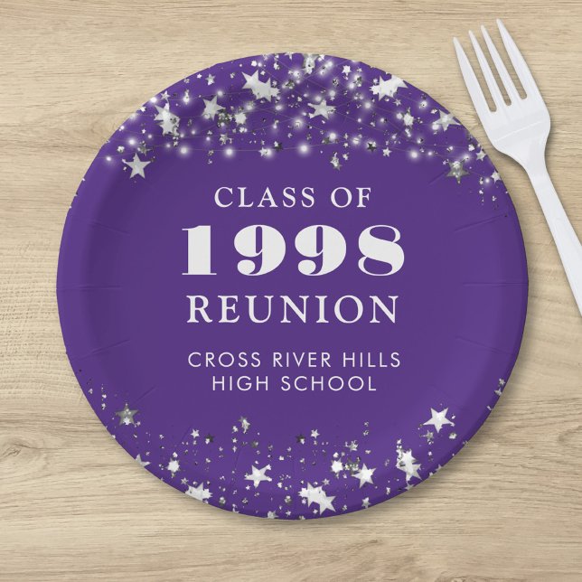 Class Reunion Purple Silver Stars Personalised Paper Plate (Creator Uploaded)
