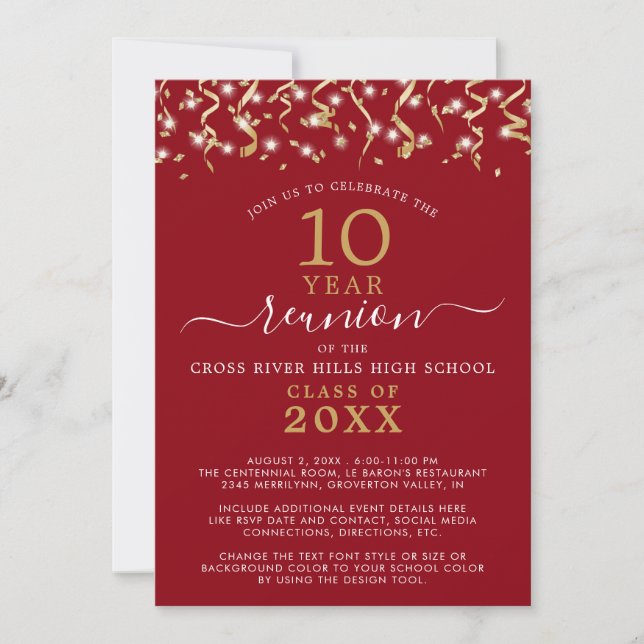 Class Reunion Red Gold Confetti Streamers Invitation (Front)