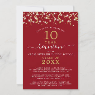 Class Reunion Red Gold Confetti Streamers Invitation