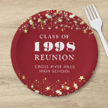 Class Reunion Red Gold Stars Personalised Paper Plate<br><div class="desc">Celebrate with classmates at your school or college class reunion with these personalised and custom colour paper plates for any graduating class (the year is editable) with your class year and school name. The design features gold stars and string lights against an editable red background colour and text colours you...</div>