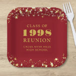 Class Reunion Red Gold Stars Personalised Paper Plate<br><div class="desc">Personalised red high school or college class reunion paper plates for any graduating class (the year is editable) with your class year and school name. The design features gold stars and string lights against an editable red background colour you can change to your school colour. CHANGES: The background and text...</div>