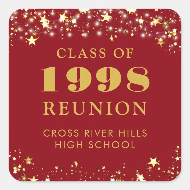 Class Reunion Red Gold Stars Personalised Square Sticker (Front)