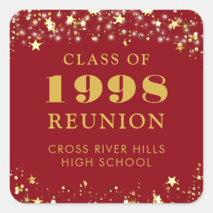 Class Reunion Red Gold Stars Personalised Square Sticker