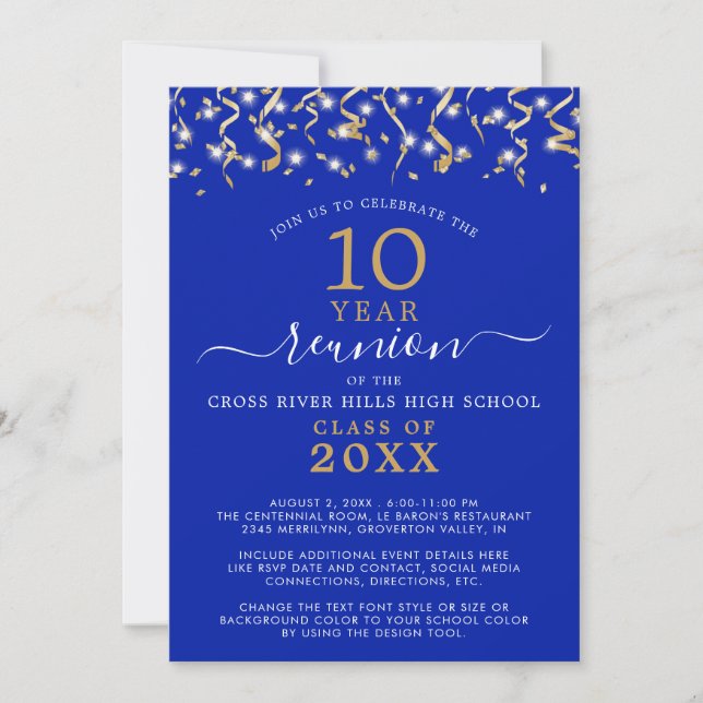 Class Reunion Royal Blue Gold Confetti Streamers Invitation (Front)