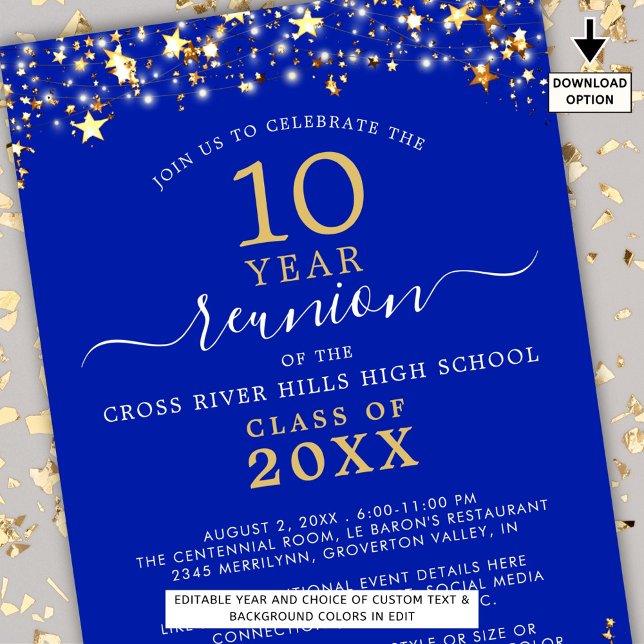Class Reunion Royal Blue Gold Star Lights Any Year Invitation (Creator Uploaded)