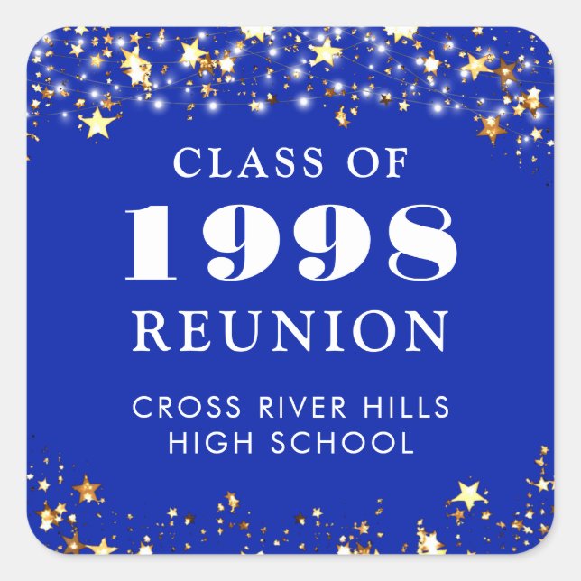 Class Reunion Royal Blue Gold Stars Personalised Square Sticker (Front)