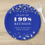 Class Reunion Royal Blue Silver Stars Personalised Paper Plate<br><div class="desc">Celebrate with classmates at your school or college class reunion with these personalised and custom colour paper plates for any graduating class (the year is editable) with your class year and school name. The design features silver stars and string lights against an editable royal blue background colour and text colours...</div>