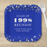 Class Reunion Royal Blue Silver Stars Personalised Paper Plate<br><div class="desc">Personalised royal blue high school or college class reunion paper plates for any graduating class (the year is editable) with your class year and school name. The design features silver stars and string lights against an editable royal blue background colour you can change to your school colour. CHANGES: The background...</div>