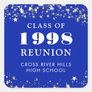 Class Reunion Royal Blue Silver Stars Personalised Square Sticker