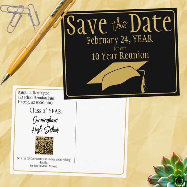 Class Reunion Save The Date Black Gold QR Code Postcard (front and back save the date class reunion post card)