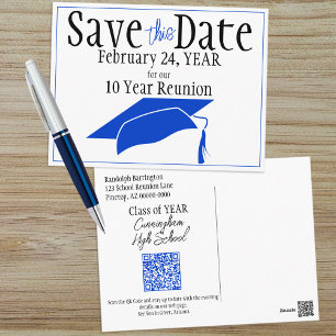 Class Reunion Save The Date Blue Grad Cap QR Code Postcard