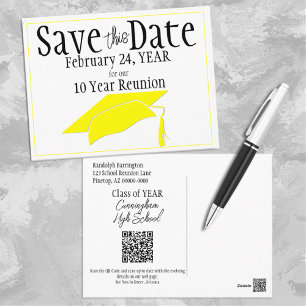 Class Reunion Save The Date Yellow Cap QR Code Postcard