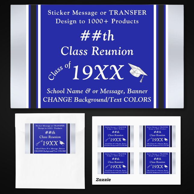 Class Reunion Stickers, CHANGE COLORS, Reunion Rectangular Sticker (Class Reunion Stickers. Class Reunion Party Supplies. Royal Blue, Black and White, Reunion Stickers.)