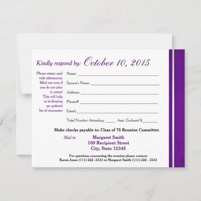 Class Reunion Varsity Stripe Response Card (Front)