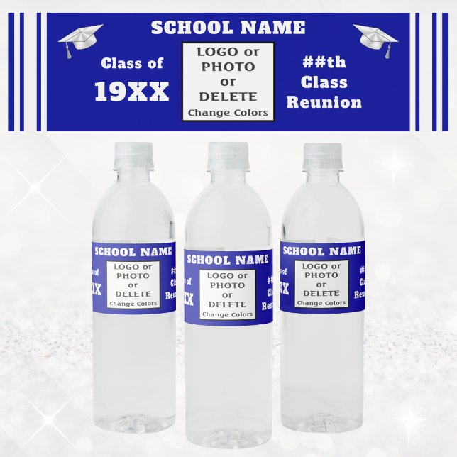 Class Reunion Water Bottle Labels, Blue and White Label (Class reunion water bottle labels. Graduation water bottle stickers. High school reunion party ideas)