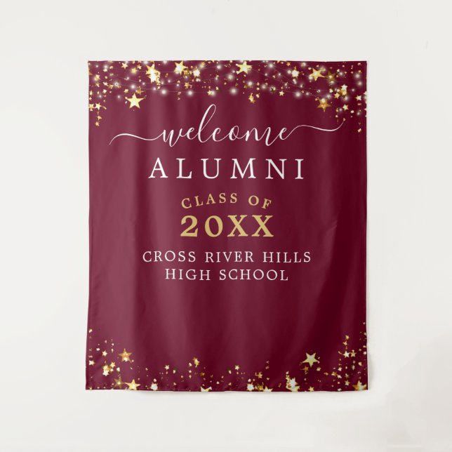 Class Reunion Welcome Burgundy Gold Stars Confetti Tapestry (Front)