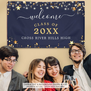 Class Reunion Welcome Navy Blue Gold Stars Lights Banner