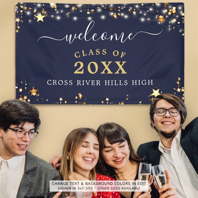 Class Reunion Welcome Navy Blue Gold Stars Lights Banner (Creator Uploaded)