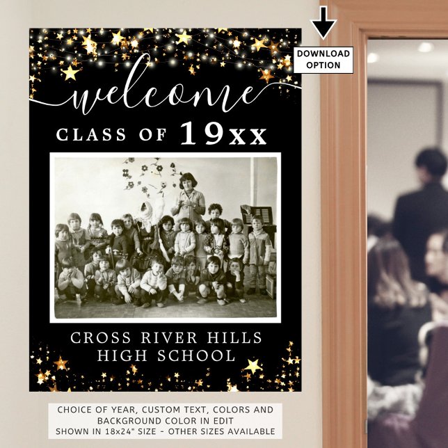 Class Reunion Welcome One Photo Black Gold Stars Poster (Creator Uploaded)